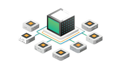 Isometric illustration of a central server connected to smaller peripheral devices network architecture