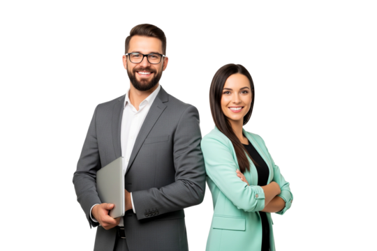 business man and women standing together on white