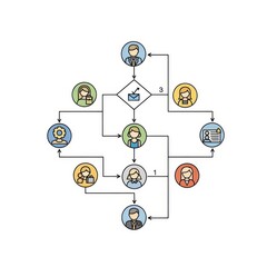 Flowchart diagram illustrating a process with people icons and a central decision point with an email