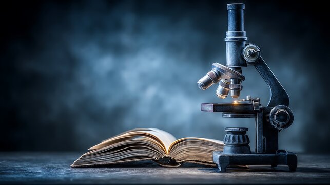 A vintage microscope sits beside an open book evoking science, learning, education, and exploration with a moody atmosphere.