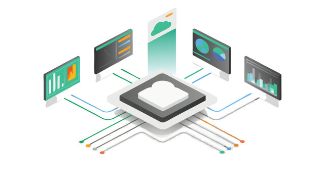 Isometric view of central processing unit connected to monitors displaying data and cloud storage