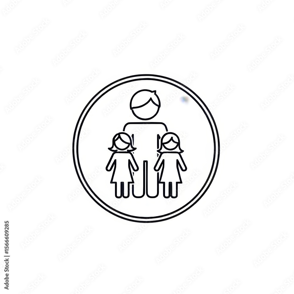 Aufkleber icon depicting a father figure standing with two daughters inside a circular outlined shape design e