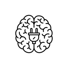 A stylized brain outline with an electrical plug inserted into the center of the brain illustration