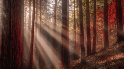 Obraz premium Misty forest of towering red-barked trees with sunbeams piercing through ancient canopy, conveying primordial serenity.