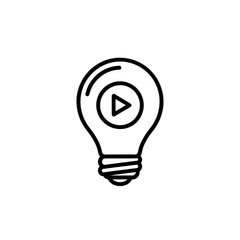 A lightbulb outline with a play button inside a circle in the center of the lightbulb design