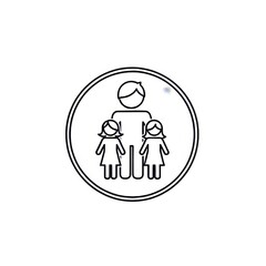 Icon depicting a father figure standing with two daughters inside a circular outlined shape design element