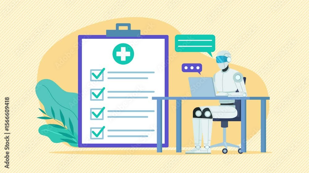 Poster medical robot sitting in desk and working on laptop. online communication with patient. next to it i