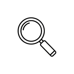 A simple line drawing of a magnifying glass with a round lens and a rectangular handle on a white background
