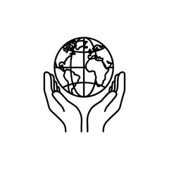 Outline drawing of two hands holding a globe with continents and latitude longitude lines visible