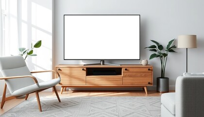 Living room interior with chair and tv set on drawer, mockup blank white screen, Lcd with a blank screen for digital mockups in a home setting