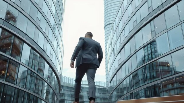 A man wearing a suit and walking up a set of stairs. Concept of professionalism and formality