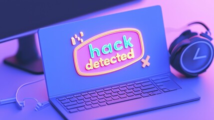 Neon Hack Detected Sign on Laptop Screen with Headphones