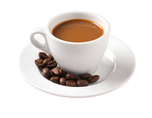 Fototapeta premium Perfectly brewed coffee in a classic cup accompanied by a handful of fragrant coffee beans.