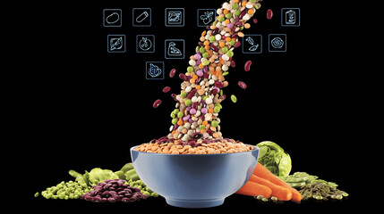 Waterfall of colorful legumes cascading into bowl, surrounded by floating nutrition symbols.
