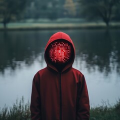 Mysterious Figure with LED Face in Red Hooded Jacket