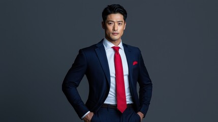 A man in a suit and tie stands in front of a gray background