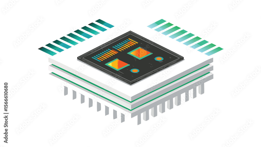 Poster isometric illustration of a multilayered electronic chip with visible components and connections