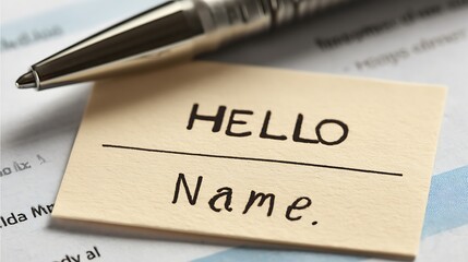 Presenting a Hello Name tag accompanied by a stylish pen, ready for introductions and networking opportunities at events.