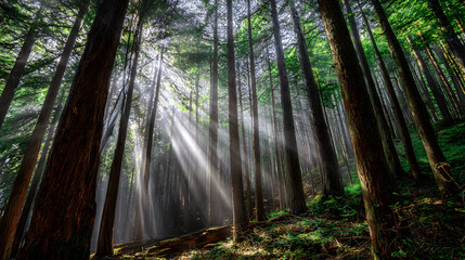 Obraz premium Misty forest of towering red-barked trees with sunbeams piercing through ancient canopy, conveying primordial serenity.