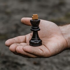 Hand Holding Chess Piece on Outdoor Ground Surface