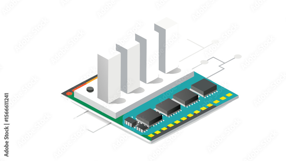 Poster isometric view of a circuit board with components, including white rectangular heat sinks and chips