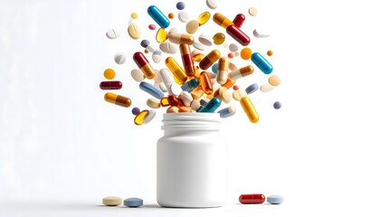 Variety of Capsules and Tablets Flying from Open Prescription Bottle
