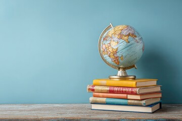 A globe rests on a stack of books against a plain backdrop