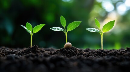 Fototapeta premium Three small plants are growing in the dirt