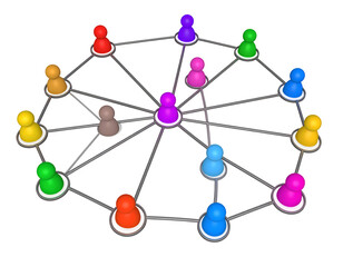 Network with colorful pegs connected by gray lines on a black background