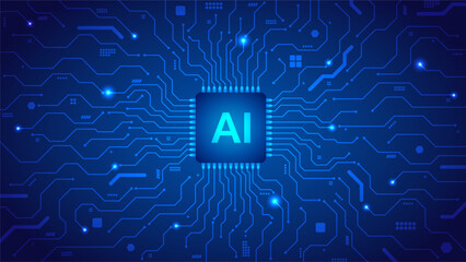 tech Artificial intelligence microprocessor in middle of circuit board in blue background template