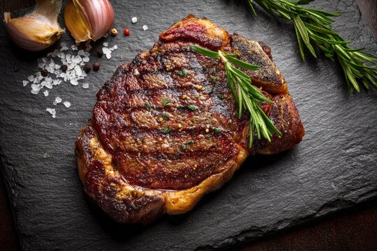A grilled steak garnished with rosemary rests on a black slate plate alongside garlic cloves and scattered salt crystals - Powered by Adobe