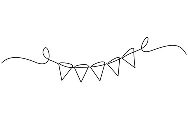 Continuous line art drawing buntings garland. Celebration party hand drawn flags, One line party garland sketch, Hand drawn vector illustration.
