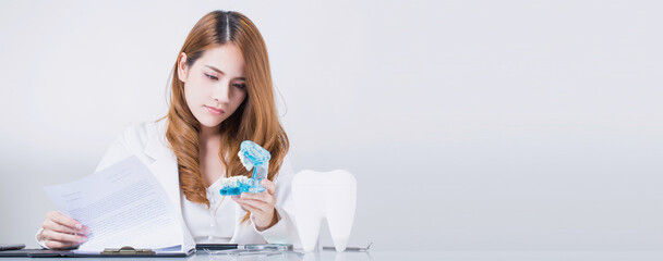 Young female dentist examining dental prosthetic model in bright clinic. Depicts modern healthcare,...