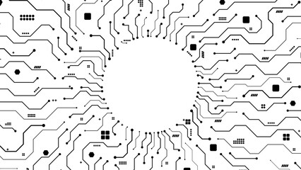 circuit board in black connection path dots with electric component in circle template background
