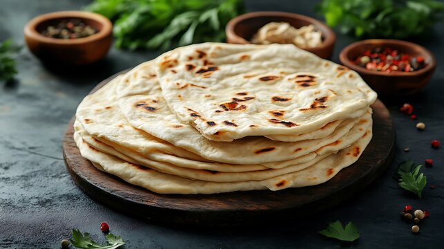 Homemade Pita bread with herbs and spices on black background