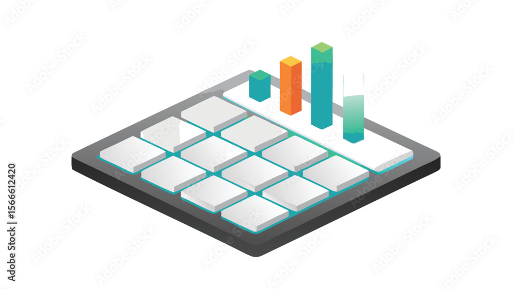 Poster isometric view of a calculator with a bar graph on the top right corner of the calculator pad