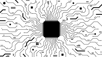 electronic modern AI micro processor in mother board or circuit board with components connection paths template