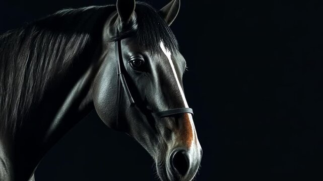 Elegant black horse portrait on dark background
