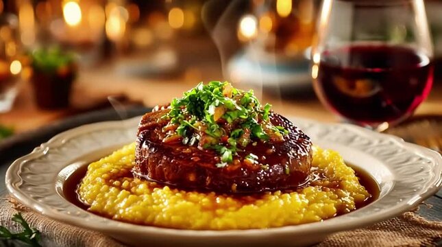 Elegant Italian osso buco with gremolata, served over saffron risotto. Slow motion. 4K.
