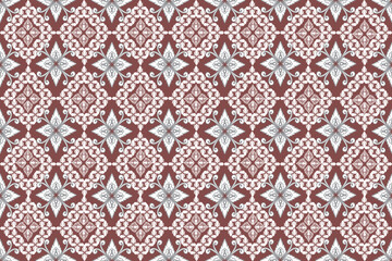 This pattern features intricate white motifs arranged in a diamond grid on a maroon background, blending classic Thai ornamentation with refined geometric symmetry.