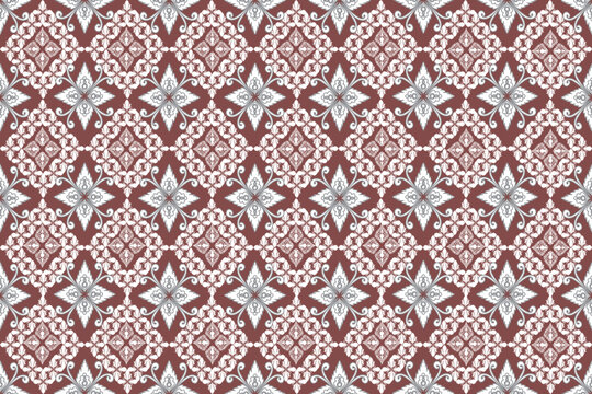 This pattern features intricate white motifs arranged in a diamond grid on a maroon background, blending classic Thai ornamentation with refined geometric symmetry.