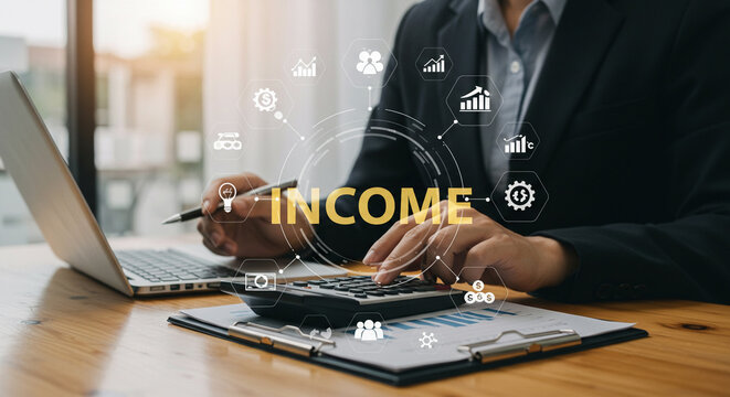 Analyzing Financials: A professional man in suit is calculating income on his desk with various business-related icons surrounding him.