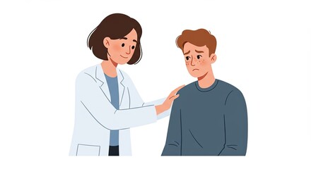 A compassionate doctor comforting a sad young man with a hand on his shoulder