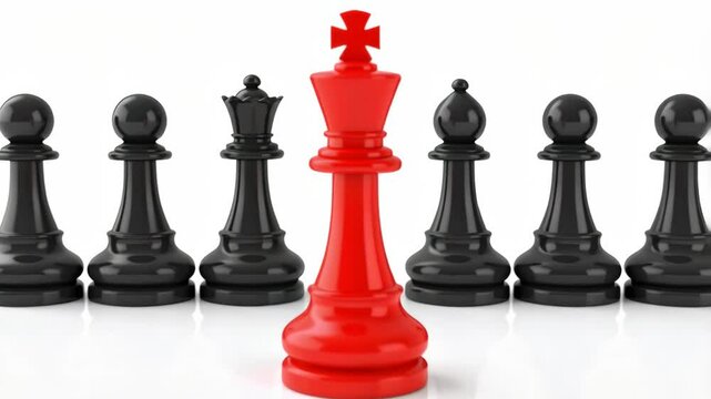 Chess composition with red king piece standing out among black pawns, queen, and bishop on reflective surface, conceptual leadership