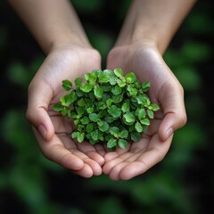Hands Holding Fresh Green Plant Leaves in a Natural Setting