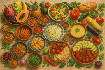 Assorted international vegetarian dishes and fresh ingredients arranged on table for World Food Day celebration, promoting healthy global cuisine and cultural diversity

