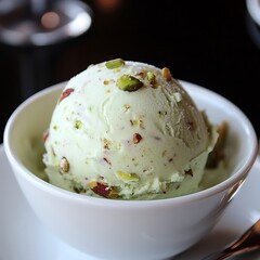 Pistachio Cinnamon Coconut Kulfi Ice Cream in a White Bowl, Restaurant Style