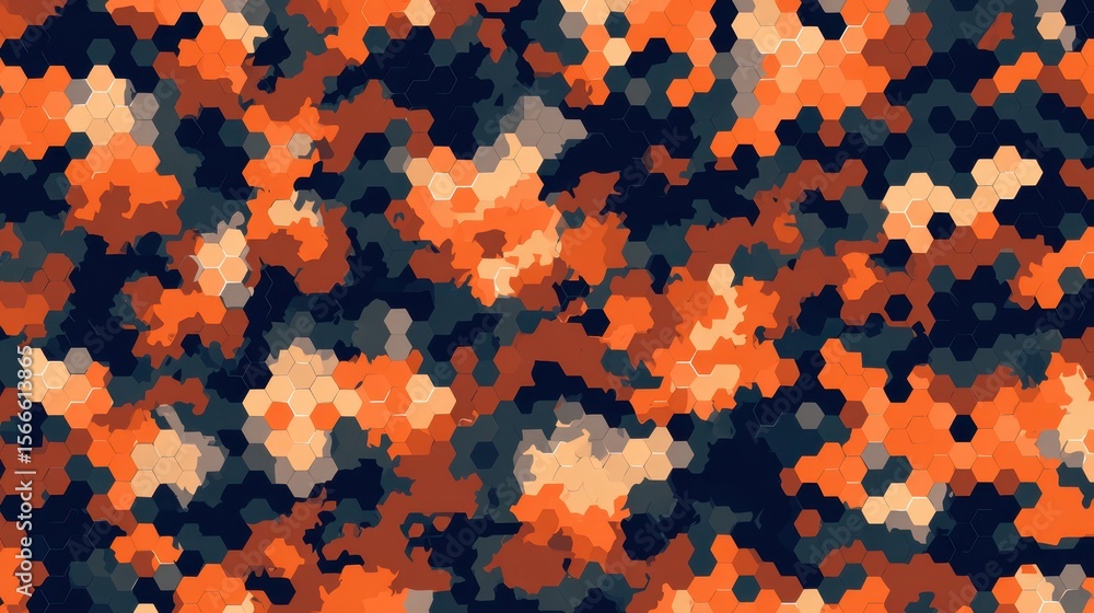 Poster geometric hexagonal pattern blending orange, blue, gray tones creating abstract camouflage like text