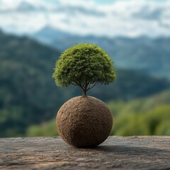 Small Tree on Earth Sphere in Natural Landscape Background