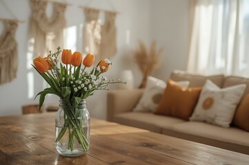 Bright orange tulips and delicate white flowers in a glass jar on a wooden table in a sunlit living room